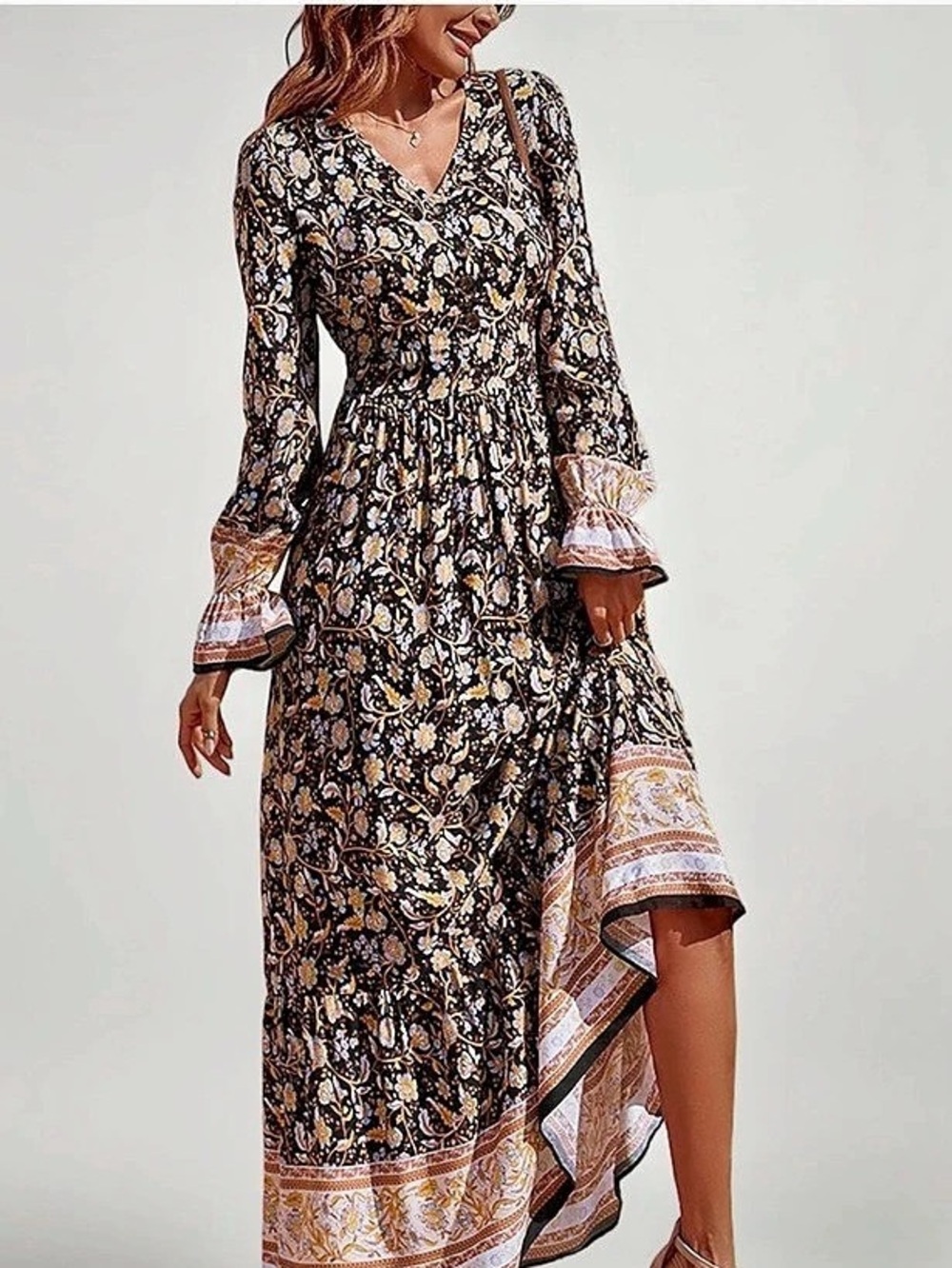 Prettygarden Floral Maxi Dress in Black & Yellow Size Small Like New